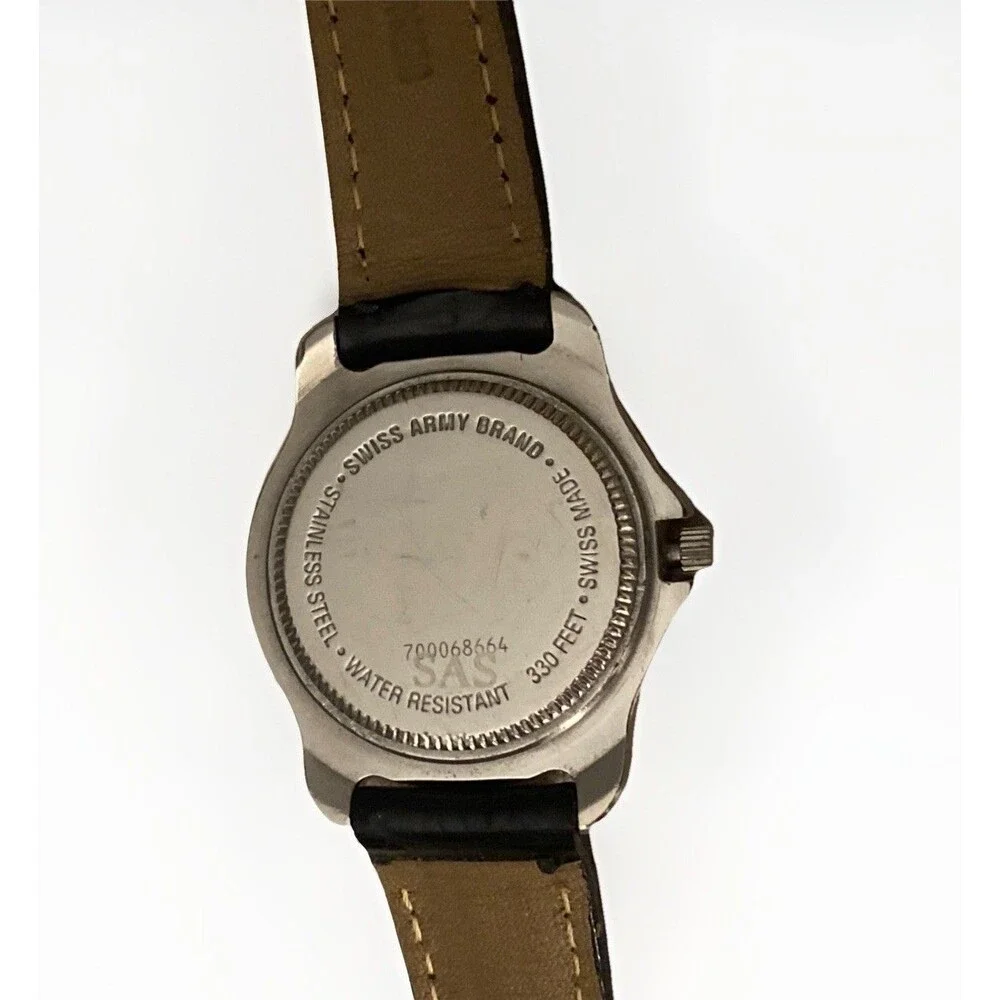 Vtg Ladies 90s Swiss Army White Dial Black Leather Quartz Watch Swiss Alps Logo